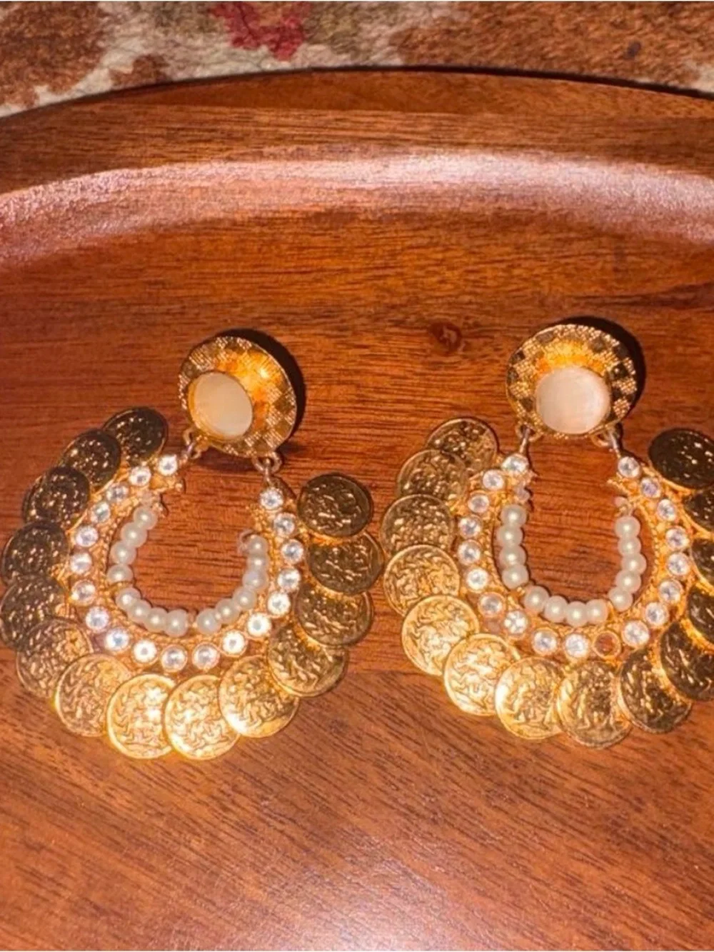Gold Coin Hoop Earrings with Pearl and Crystal Accents